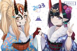 Rule 34 | 2girls, :t, alternate costume, alternate hairstyle, aqua kimono, b.d, black choker, blonde hair, blue kimono, bob cut, choker, closed mouth, commentary, earrings, english commentary, eyeliner, facepaint, facial mark, fang, fate/grand order, fate (series), fingernails, floral print, flower, forehead mark, fur-trimmed kimono, fur trim, hair bobbles, hair flower, hair ornament, hairclip, happy new year, headpiece, high ponytail, highres, horns, ibaraki douji (fate), interlocked fingers, japanese clothes, jewelry, kimono, long hair, long sleeves, looking at viewer, makeup, multiple girls, new year, no eyebrows, obi, oni, pointy ears, purple eyes, purple hair, sash, sharp fingernails, short eyebrows, short hair, shuten douji (fate), sidelocks, sideways glance, simple background, skin-covered horns, smile, tattoo, upper body, v, white background, wide sleeves, wristband, yellow eyes