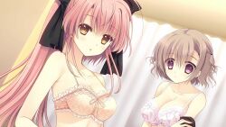 Rule 34 | 2girls, black bow, blurry, blurry background, bow, bra, breasts, brown hair, cleavage, closed mouth, collarbone, frilled bra, frills, game cg, hair bow, indoors, long hair, looking at viewer, looking down, medium breasts, medium hair, multiple girls, nanami nanai, nishimata aoi, open mouth, pink hair, ponytail, red eyes, suzuhira hiro, tsuki ni yorisou otome no sahou, underwear, underwear only, upper body, very long hair, white bra, yanagase minato, yellow bra, yellow eyes