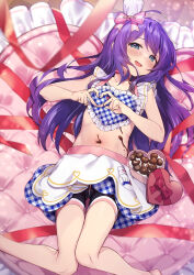 Rule 34 | 1girl, ahoge, apron, aqua eyes, barefoot, belt collar, bike shorts, blush, box, candy, chocolate, chocolate heart, collar, food, food on body, frilled apron, frills, hair between eyes, hair ornament, heart, heart-shaped box, heart hands, heart print, highres, idolmaster, idolmaster million live!, idolmaster million live! theater days, knees together feet apart, long hair, looking at viewer, lying, mochizuki anna, navel, nearly naked apron, on back, open mouth, pink ribbon, plaid, plaid apron, purple hair, red ribbon, ribbon, shennai misha, smile, solo
