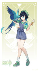 Rule 34 | 1boy, ;d, animal on arm, bare legs, beret, bird, black hair, blue hair, braid, commentary request, food, full body, genshin impact, gradient hair, green eyes, green footwear, green hat, green shirt, hat, highres, holding, holding food, ice cream, kaidi, male focus, multicolored hair, one eye closed, open mouth, overall shorts, overalls, parrot, shirt, shoes, smile, sneakers, socks, solo, standing, twin braids, venti (genshin impact), white socks