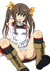 Rule 34 | 10s, 1girl, anus, arm support, bare shoulders, belt, blush, boots, brown hair, cleft of venus, comord, dress, fang, female focus, green eyes, hair ornament, hair ribbon, highres, huang lingyin, infinite stratos, knees up, long hair, no panties, open mouth, pussy, ribbon, simple background, sitting, socks, solo, spread legs, sweatdrop, twintails, uncensored, uniform, white background