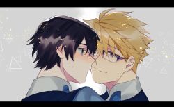 Rule 34 | 10s, 2boys, ajajwp, black hair, blonde hair, darling in the franxx, face-to-face, facing another, forehead-to-forehead, gorou (darling in the franxx), green eyes, heads together, highres, hiro (darling in the franxx), letterboxed, looking at another, male focus, military, military uniform, multiple boys, short hair, uniform, yellow eyes