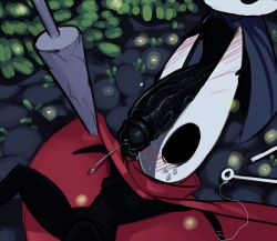 Rule 34 | 1boy, 1girl, black cape, black skin, blush, boxman, cape, colored skin, highres, hollow knight, hornet (hollow knight), imminent penetration, juice, knight (hollow knight), large penis, lying, penis, precum, red cape, size difference, sweat, veins, veiny penis, weapon