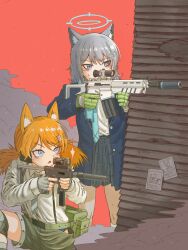 Rule 34 | 2girls, aiming, animal ear fluff, animal ears, assault rifle, backpack, bag, belt, black jacket, black skirt, blazer, blue archive, blue eyes, blue necktie, blue scarf, cat ears, cat girl, collared shirt, commentary, cross hair ornament, crossover, english commentary, girls&#039; frontline, grey hair, gun, hair between eyes, hair ornament, hairclip, halo, headset, highres, holding, holding gun, holding weapon, idw (girls&#039; frontline), jacket, knee pads, kneeling, long hair, long sleeves, looking away, medium hair, mismatched pupils, multiple girls, necktie, open clothes, open jacket, orange hair, parker-hale idw, parted lips, plaid, plaid skirt, pleated skirt, powerdman, rifle, scarf, school uniform, shiroko (blue archive), shirt, shorts, sidelocks, sig sauer 556, simple background, skirt, suspender shorts, suspenders, sweat, taking cover, triangle mouth, weapon, white shirt, wolf ears, wolf girl