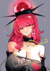 Rule 34 | 1girl, black headwear, black shirt, breasts, chain, cleavage, closed mouth, clothes writing, collarbone, earrings, grey background, hecatia lapislazuli, highres, jewelry, large breasts, off-shoulder shirt, off shoulder, raptor7, red eyes, red hair, shirt, short hair, short sleeves, simple background, smile, solo, touhou, upper body