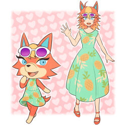 Rule 34 | 1girl, animal crossing, animal ears, audie (animal crossing), biseibutu, blonde hair, blue eyes, blush, breasts, dual persona, eyewear on head, furry, furry female, humanization, looking at viewer, nintendo, open mouth, personification, small breasts, smile, sunglasses, tail, wolf ears, wolf girl, wolf tail