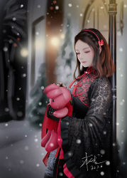 Rule 34 | 1girl, blurry, blurry background, brown eyes, brown hair, dated, fingerless gloves, gloves, hairband, highres, long hair, night, original, outdoors, realistic, signature, snowing, solo, standing, stuffed animal, stuffed toy, wide sleeves, zyl