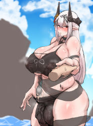 Rule 34 | 1girl, 1other, arknights, armband, bare shoulders, bikini, black bikini, blurry, blurry background, blush, breasts, bulge, cleavage, clothes pull, cloud, cloudy sky, covered erect nipples, covered navel, covered testicles, cowboy shot, disembodied hand, futanari, hair between eyes, hair ornament, holding hands, horns, huge breasts, infection monitor (arknights), long hair, looking at viewer, masso nullbuilt, material growth, mudrock (arknights), mudrock (silent night) (arknights), one-piece swimsuit pull, oripathy lesion (arknights), out of frame, outdoors, parted lips, plump, pointy ears, red eyes, sidelocks, skindentation, sky, solo focus, straight hair, swimsuit, testicles, thick thighs, thighs, tsurime, white hair