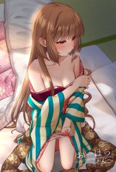 Rule 34 | 1girl, absurdres, bare shoulders, blush, breasts, breath, brown eyes, brown hair, chiyosuke (nosuke21), cleavage, clothes down, commission, floral print, full body, futon, hair down, highres, idolmaster, idolmaster cinderella girls, japanese clothes, kimono, kimono pull, kneeling, long hair, looking to the side, nose blush, obi, panties, panty pull, parted lips, sash, second-party source, skeb commission, small breasts, socks, solo, striped clothes, striped kimono, tabi, tatami, underwear, undressing, vertical-striped clothes, vertical-striped kimono, very long hair, white panties, yorita yoshino