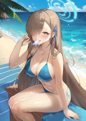 Rule 34 | 1girl, absurdres, asuna (blue archive), beach, bikini, blue archive, blue bikini, blue halo, blue ribbon, blue sky, breasts, brown hair, cleavage, cloud, day, feet out of frame, food, hair over one eye, hair ribbon, halo, highres, large breasts, lcy bingzi, long hair, mouth hold, outdoors, popsicle, ribbon, side-tie bikini bottom, sitting, sky, solo, swimsuit, very long hair