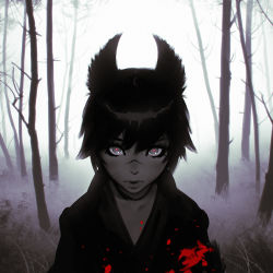 Rule 34 | 1girl, animal ears, black eyes, black hair, blood, forest, grass, ilya kuvshinov, looking at viewer, nature, original, outdoors, red pupils, scar, short hair, solo, tree, upper body, wolf ears