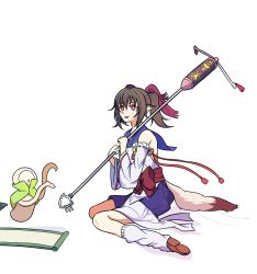 Rule 34 | 1girl, 8t if, animal ears, aquaplus, backless outfit, bare shoulders, blush, breasts, bright pupils, brown hair, from side, full body, hair between eyes, hair ribbon, highres, holding, holding staff, holding weapon, long hair, looking at viewer, nekone (utawarerumono), off shoulder, over shoulder, red eyes, ribbon, scroll, shoes, sidelocks, sitting, sleeveless, small breasts, socks, staff, staff (weapon), tail, tongue, tongue out, twintails, utawarerumono, utawarerumono: futari no hakuoro, utawarerumono: itsuwari no kamen, weapon, weapon over shoulder, white pupils