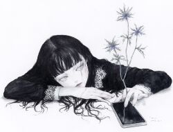 Rule 34 | 1girl, 2023, black hair, black shirt, blue eyes, blue flower, blunt bangs, cellphone, closed mouth, dated, flower, head rest, lace-trimmed sleeves, lace trim, long hair, long sleeves, looking at viewer, original, pale skin, phone, ringo komachi, shirt, sidelocks, signature, simple background, smartphone, solo, upper body, white background