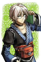 Rule 34 | 1boy, bad id, bad pixiv id, bespectacled, book, choker, curiosities of lotus asia, glasses, green eyes, japanese clothes, male focus, morichika rinnosuke, sigina, silver hair, solo, touhou