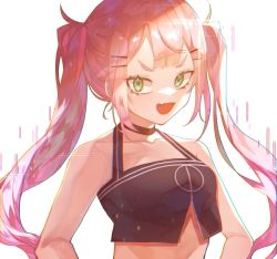 Rule 34 | 1girl, black camisole, black choker, breasts, camisole, choker, chromatic aberration, cleavage, collarbone, crop top, fang, glitch, green eyes, halterneck, highres, hololive, karupisusawa, looking at viewer, medium breasts, open mouth, purple hair, skin fang, smile, solo, tokoyami towa, twintails, v-shaped eyebrows, virtual youtuber