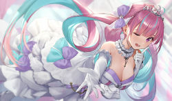 1girl absurdres blue_hair breasts choker cleavage commentary_request dress elbow_gloves frilled_choker frills gloves hair_ribbon highres hololive huge_filesize large_breasts long_hair looking_at_viewer minato_aqua minato_aqua_(aqua_iro_super_dream) multicolored_hair one_eye_closed open_mouth pink_eyes pink_hair purple_ribbon ribbon solo takubon tiara two-tone_hair very_long_hair virtual_youtuber white_gloves