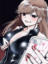 Rule 34 | 1girl, bondage outfit, breasts, brown hair, cellphone, cleavage, food, fruit, highres, kawata kawahara, medium breasts, original, phone, red eyes, selfie, shiny clothes, smartphone, solo, strawberry, zipper