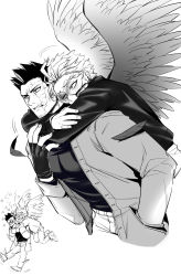 Rule 34 | 2boys, absurdres, alternate costume, arms around neck, blush, boku no hero academia, casual, chibi, chibi inset, couple, cropped legs, endeavor (boku no hero academia), facial hair, feathered wings, greyscale, hawks (boku no hero academia), helen roro, highres, hug, hug from behind, jacket, leaning forward, male focus, mature male, monochrome, multiple boys, muscular, muscular male, open clothes, open jacket, pectorals, scar, scar across eye, scar on face, shirt, short hair, sideburns, spiked hair, stubble, tight clothes, tight shirt, wings, yaoi
