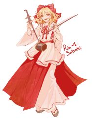 Rule 34 | 1girl, :d, blonde hair, bow, bow (music), brown footwear, character name, collared shirt, detached sleeves, erhu, full body, geta, hair bobbles, hair bow, hair ornament, highres, holding, holding instrument, instrument, japanese clothes, kariginu, long skirt, long sleeves, medium hair, open mouth, red bow, red skirt, sandals, satsuki rin, shirt, simple background, skirt, smile, socks, solo, standing, teeth, touhou, upper teeth only, vesper (v17-20), white background, white shirt, white sleeves, white socks, wide sleeves