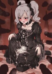 Rule 34 | 1girl, absurdres, black bow, black choker, black dress, black thighhighs, blush, bow, breasts, bukkake, censored, choker, collarbone, cum, cum on body, cum on breasts, cum on clothes, cum on lower body, cum on upper body, cum pool, cumdrip, curly hair, dress, ear blush, embarrassed, frilled choker, frilled dress, frilled sleeves, frills, full-face blush, gothic lolita, gradient background, grey hair, hair between eyes, hair bow, hair ornament, highres, huge filesize, idolmaster, idolmaster cinderella girls, kanzaki ranko, kneeling, lolita fashion, medium breasts, mosaic censoring, multiple boys, open mouth, parted bangs, parted lips, penis, purple nails, red eyes, steam, surrounded by penises, tearing up, teeth, thighhighs, tomawarinosuizou, twintails