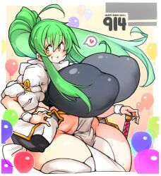 Rule 34 | 1girl, ahoge, bag, balloon, blush, bouncing breasts, breasts, covered erect nipples, female focus, gigantic breasts, green hair, grin, handbag, impossible clothes, long hair, looking at viewer, original, party, ponytail, sachito, skin tight, smile, solo, sumi-chan (sachito), sword, taut clothes, teeth, thick thighs, thighs, weapon, wide hips, yellow eyes