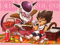 Rule 34 | aged down, armor, basket, black eyes, boots, brown hair, child, dragon ball, dragonball z, eating, eyebrows, food, food on face, frieza, frown, gloves, male focus, picnic, sitting, smile, spiked hair, tail, thick eyebrows, vegeta