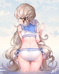 Rule 34 | 1girl, artist name, ass, back, bare back, bare shoulders, bikini, black bow, blue sky, blush, bow, brown hair, closed mouth, cloud, commentary request, cowboy shot, day, from behind, from side, hair bow, hand up, handa roco, highres, idolmaster, idolmaster million live!, kuri choko, leaning forward, long hair, looking at viewer, looking back, outdoors, polka dot, polka dot bow, sailor bikini, sailor collar, sailor swimsuit (idolmaster), signature, sky, solo, sparkle, swimsuit, thigh gap, twintails, very long hair, wading, water, white bikini, yellow eyes