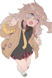 Rule 34 | 1girl, aqua nails, armband, black shirt, blue eyes, brown cardigan, cardigan, claw pose, collared shirt, fang, full body, gyaru, highres, jewelry, kasukabe tsumugi, light brown hair, loafers, long hair, looking at viewer, loose socks, miniskirt, mole, mole under eye, nail polish, necklace, necktie, off shoulder, one side up, open cardigan, open clothes, open mouth, plaid, plaid skirt, scrunchie, shirt, shoes, simple background, skirt, smile, socks, solo, sumiyao (amam), voicevox, white background, wrist scrunchie, yellow necktie