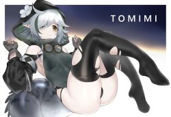 Rule 34 | 1girl, absurdres, ahoge, arknights, bare shoulders, black legwear, breasts, character name, chinese commentary, commentary request, crocodilian tail, gloves, grey gloves, hands up, highres, hood, knees up, large tail, little nine, long sleeves, looking at viewer, medium breasts, nail polish, no shoes, partial commentary, pointy ears, reclining, short hair, silver hair, skindentation, solo, tail, thick thighs, thighs, tomimi (arknights), torn clothes, torn legwear, yellow eyes