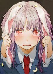Rule 34 | 1girl, animal ears, blush, crying, crying with eyes open, ears down, geppewi, hand on own ear, jacket, light purple hair, long hair, long sleeves, looking at viewer, necktie, open mouth, pulling own ear, rabbit ears, red eyes, reisen udongein inaba, shirt, solo, tears, touhou, upper body, vest