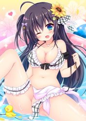 Rule 34 | 1girl, ;d, ahoge, arm garter, ass, bare shoulders, bikini, black hair, blue eyes, blush, breasts, bridal garter, cleavage, collarbone, commentary request, fang, flower, frills, front-tie bikini top, front-tie top, hair flower, hair ornament, halterneck, heart, jewelry, knee up, large breasts, long hair, looking at viewer, navel, necklace, one eye closed, one side up, open mouth, original, picpicgram, reclining, rubber duck, sarong, sidelocks, smile, solo, sunflower, swimsuit, untied bikini, very long hair, wading pool, water, wet, white bikini
