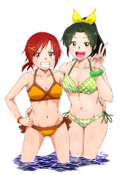 Rule 34 | 2girls, absurdres, bikini, breasts, cleavage, cowboy shot, frilled bikini, frills, green eyes, green hair, grin, hair ornament, highres, hino akane (smile precure!), long hair, looking at viewer, low ponytail, medium breasts, midorikawa nao, multiple girls, orange bikini, ponytail, precure, red eyes, red hair, satou yasu, short hair, short ponytail, simple background, smile, smile precure!, soaking feet, standing, swimsuit, wading, water, white background, x hair ornament