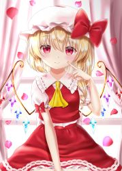 Rule 34 | 1girl, absurdres, arm up, ascot, between legs, blonde hair, blush, cheek poking, commentary request, curtains, day, finger to cheek, flandre scarlet, frilled shirt collar, frills, hair between eyes, hand between legs, hat, hat ribbon, highres, indoors, looking at viewer, mob cap, nyanyanoruru, one side up, partial commentary, petals, petticoat, poking, puffy short sleeves, puffy sleeves, red skirt, red vest, ribbon, rose petals, shirt, short hair, short sleeves, sitting, skirt, smile, solo, touhou, vest, white hat, white shirt, window, wings, yellow ascot