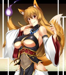 Rule 34 | 1girl, animal ears, bare shoulders, blonde hair, blush, breasts, covered navel, female focus, fox ears, fox tail, highres, huge breasts, licking lips, long hair, looking at viewer, maki ikazuya, md5 mismatch, navel, original, purple eyes, revision, see-through, smile, solo, tail, tongue, tongue out, underboob