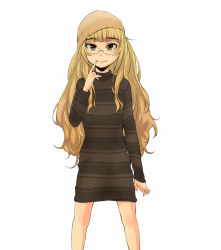 Rule 34 | 1girl, beanie, blonde hair, dress, face, finger to mouth, fingersmile, glasses, hat, long hair, mune, perrine h. clostermann, smile, solo, strike witches, sweater, sweater dress, world witches series, yellow eyes