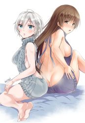 Rule 34 | 10s, 2girls, anastasia (idolmaster), ass, back, back-to-back, backless dress, backless outfit, bare back, barefoot, blue eyes, blush, breasts, brown eyes, brown hair, butt crack, commentary request, dress, from behind, hair between eyes, halterneck, idolmaster, idolmaster cinderella girls, kirisaki byakko, large breasts, long hair, looking at viewer, looking back, looking up, medium breasts, meme attire, multiple girls, naked sweater, nitta minami, open mouth, parted lips, short hair, sideboob, silver hair, simple background, sitting, soles, sweater, sweater dress, turtleneck, turtleneck sweater, twitter username, virgin killer sweater, white background, yokozuwari