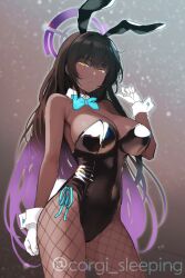 Rule 34 | 1girl, animal ears, aqua bow, aqua bowtie, black hair, black leotard, blue archive, bow, bowtie, breasts, cleavage, closed mouth, corgi sleeping, covered navel, dark-skinned female, dark skin, detached collar, fake animal ears, fishnet pantyhose, fishnets, frown, gloves, gradient hair, halo, highres, karin (blue archive), karin (bunny) (blue archive), large breasts, leotard, long hair, looking at viewer, multicolored hair, official alternate costume, pantyhose, playboy bunny, purple hair, rabbit ears, solo, thighs, twitter username, white gloves, yellow eyes