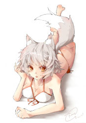 Rule 34 | 1girl, animal ears, bad id, bad pixiv id, barefoot, bikini, breasts, brown eyes, cleavage, fang, feet, female focus, full body, highres, inubashiri momiji, lying, on stomach, short hair, signature, silver hair, simple background, solo, swimsuit, tail, toor 0111, touhou, white background, white bikini, wolf ears, wolf tail