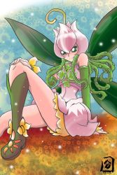 Rule 34 | 1girl, artist request, bandai, digimon, dress, fairy, fairy wings, female focus, flying, lilimon, looking at viewer, sitting, smile, wings