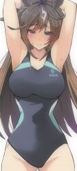 Rule 34 | 1girl, ahoge, alternate costume, animal ears, armpits, arms up, blue eyes, blue one-piece swimsuit, blush, breasts, brown hair, commentary request, competition swimsuit, cowboy shot, duramente (umamusume), ear ornament, earrings, embarrassed, hair between eyes, hair tie, highres, horse ears, horse girl, jewelry, large breasts, looking at viewer, miya (myagi 0131), mouth hold, multicolored hair, nose blush, one-piece swimsuit, simple background, single earring, solo, streaked hair, sweat, swimsuit, umamusume, white background, white hair