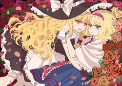Rule 34 | 2girls, absurdres, alice margatroid, apron, black dress, black gloves, black headwear, blonde hair, blue dress, blue eyes, bow, braid, cape, collar, dress, flower, frills, gloves, hair between eyes, hair bow, hairband, hand on another&#039;s shoulder, hat, hat bow, highres, kirisame marisa, long hair, looking at another, lying, multiple girls, on side, open mouth, orange flower, orange rose, puffy short sleeves, puffy sleeves, red bow, red flower, red hairband, red neckwear, red rose, rose, shirt, shocho (shaojiujiu), short hair, short sleeves, single braid, smile, touhou, white apron, white bow, white cape, white collar, white shirt, white sleeves, witch hat, yellow eyes, yuri