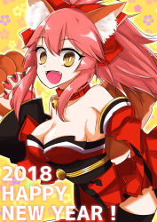 Rule 34 | 1girl, 2018, @ @, absurdres, animal ears, animal hands, bare shoulders, bell, black thighhighs, blush, breasts, cat paws, cleavage, collar, collarbone, detached sleeves, fangs, fate/grand order, fate (series), fox ears, fox tail, gloves, hair ribbon, highres, hosituyu26, japanese clothes, jingle bell, kimono, large breasts, looking at viewer, neck bell, new year, open mouth, paw gloves, pink hair, ponytail, red kimono, ribbon, solo, tail, tamamo (fate), tamamo cat (fate), tamamo cat (first ascension) (fate), thighhighs, yellow eyes