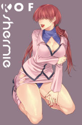 Rule 34 | 1girl, boots, breasts, brown hair, character name, cleavage, hair over eyes, hifumi (art sky littel), miniskirt, nail polish, panties, pantyshot, shermie (kof), skirt, snk, solo, the king of fighters, underwear, upskirt