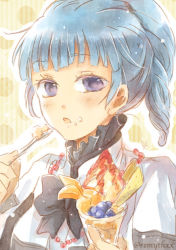 Rule 34 | 1girl, ange serena, bad id, bad pixiv id, black bow, blue eyes, blue hair, bow, eating, food, food on face, looking at viewer, matching hair/eyes, nari hibiki, parfait, ponytail, short hair, sketch, solo, tales of (series), tales of innocence, twitter username, upper body, yellow background
