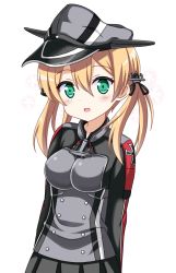 Rule 34 | 10s, 1girl, :d, black skirt, blonde hair, blush, green eyes, hat, icetiina, kantai collection, long sleeves, looking at viewer, military, military hat, military uniform, open mouth, peaked cap, pleated skirt, prinz eugen (kancolle), simple background, skirt, smile, solo, twintails, uniform, upper body, white background