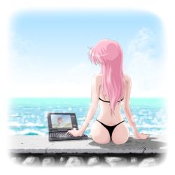 Rule 34 | ass, bikini, computer, keyboard (computer), kuninin, laptop, ocean, pink hair, sky, swimsuit, tagme, thong, water