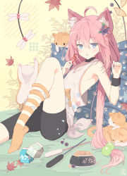 Rule 34 | 1girl, :o, ahoge, animal, animal ear fluff, animal ears, autumn leaves, bare shoulders, bike shorts, black choker, black shorts, blue eyes, blueberry, blush, bowl, bug, cat, cat ears, choker, closed eyes, commentary request, dragonfly, fingernails, food, fruit, hair between eyes, hair bobbles, hair ornament, hands up, hinata channel, holding, insect, long hair, low twintails, milk carton, nekomiya hinata, parted lips, pet bowl, pillow, pink hair, raspberry, rednian, shirt, short shorts, shorts, sleeping, solo, striped clothes, striped legwear, striped thighhighs, tank top, thighhighs, thighhighs pull, twintails, very long hair, virtual youtuber, white shirt, wristband