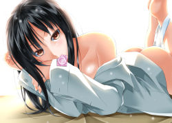 Rule 34 | 1girl, ass, bare shoulders, barefoot, black hair, brown eyes, condom wrapper, long hair, lying, mouth hold, on stomach, shirt, solo, sumeragi tomo