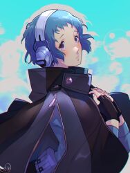 Rule 34 | 1girl, aqua hair, aqua sweater, black capelet, black gloves, black jacket, capelet, fingerless gloves, from side, gloves, hands on own chest, headphones, high collar, highres, jacket, kokomi (aniesuakkaman), light blush, long sleeves, looking at viewer, looking to the side, official alternate costume, own hands together, parted lips, persona, persona 3, persona 3 reload, short hair, signature, solo, sweater, upper body, yamagishi fuuka