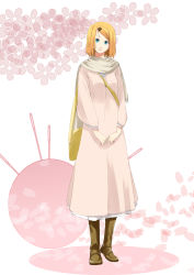 Rule 34 | 1girl, alice margatroid, alternate costume, bad id, bad pixiv id, bag, blonde hair, blue eyes, boots, cherry blossoms, contemporary, female focus, flower, full body, hair ornament, hairclip, highres, ikkinomi, needle, petals, pincushion, plant, satchel, short hair, solo, standing, touhou, white background